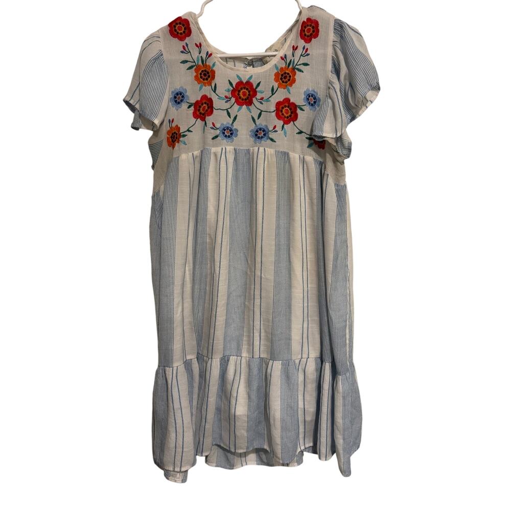Perch by Blu Pepper Embroidered Boho Midi Dress Women’s 1X Blue White Stripe